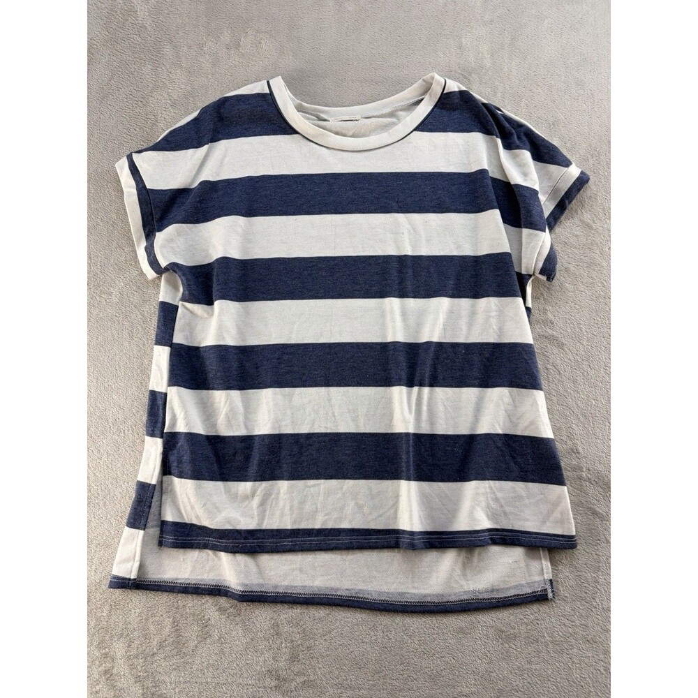 Cotton Bleu Top Womens Large Striped White Navy Blue Short Sleeve Round Nautical